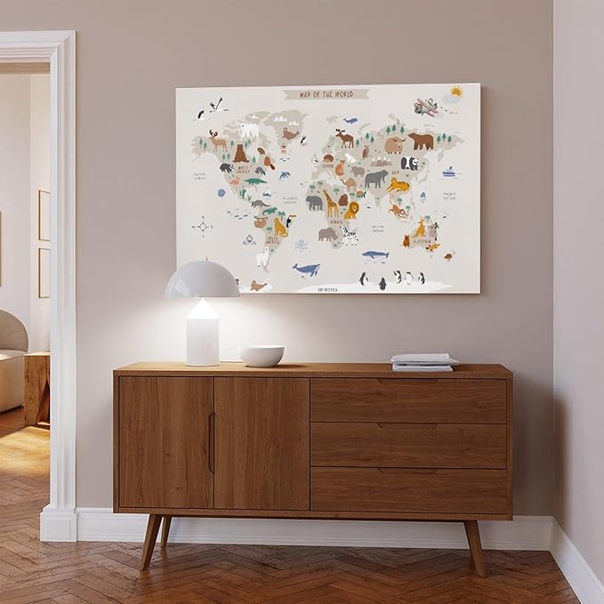 KIPNG Kids World Map - Playroom Animal World Map - Nursery Educational Poster Canvas Poster Wall Art Picture Paintings for Living Room Bedroom Decoration Unframe-style16x24inch(40x60cm)