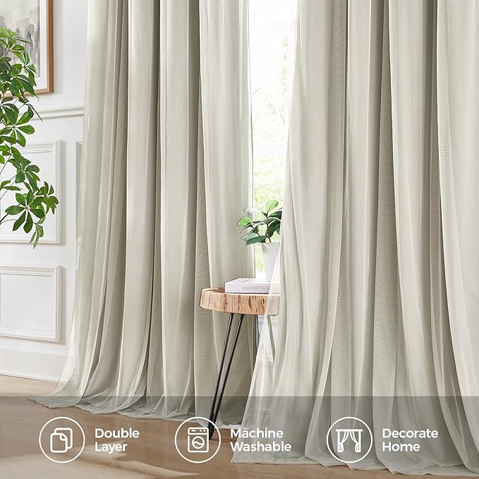 100% Blackout Curtains for Bedroom, Double Layer Ivory Curtains, Black Out Curtain 84 inch Long with Sheer Overlay for Living Room, Room Darkening Window Drapes with Grommet, 52" W x 84" L