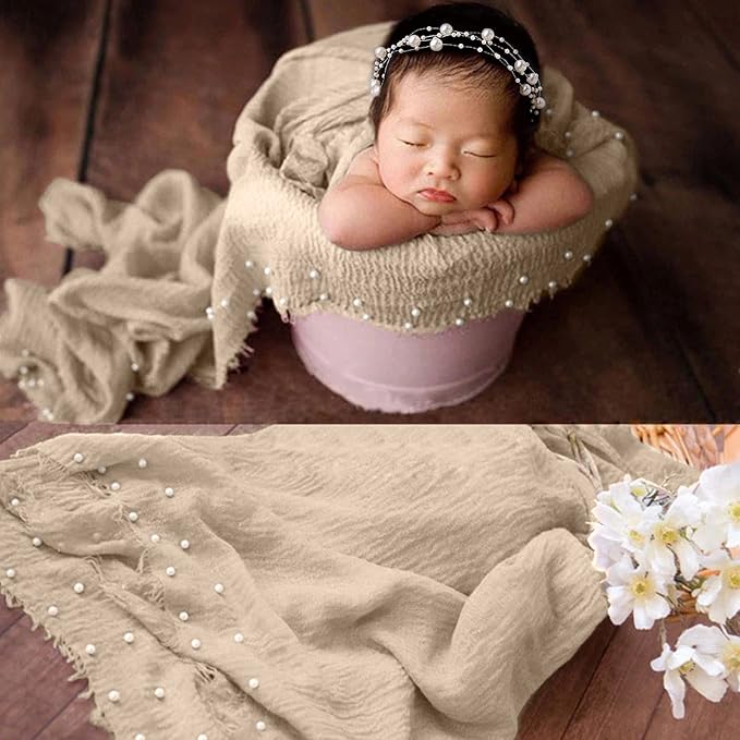 SPOKKI 2 PCS Baby Props Photography Wrap Kit, Newborn Photography Props, Handmade Pearl Wrap Blanket for Baby Photo Props with Pearl Headband, 35.5 X 67 inch Newborn Outfits for Photography (Beige)