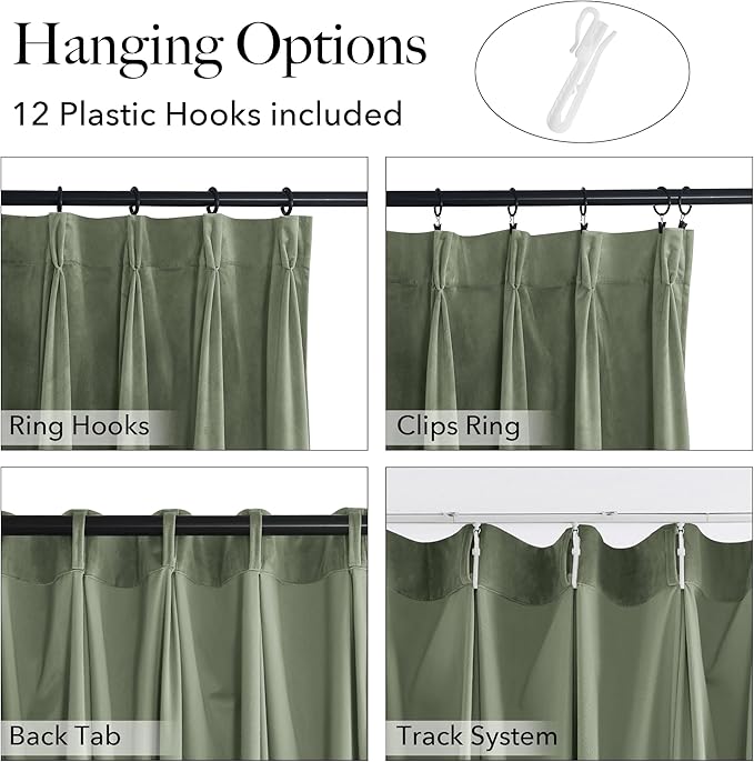 StangH Pinch Pleated Sage Green Velvet Curtains 90 inches Long, Super Soft Room Darkening Decorative Drapes Back Tab Energy Saving Panels for Nursery Dining Room, W38 x L90, 2 Panels