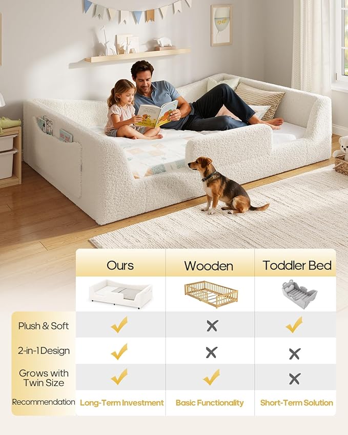 Full Floor Bed, Low Montessori 2-in-1 Convertible Beds, with Slats and High Rails, Upholstered Teddy Boucle, Curve Round Frame for Girls and Boys, No Box Spring Needed, Easy Assemble, Beige