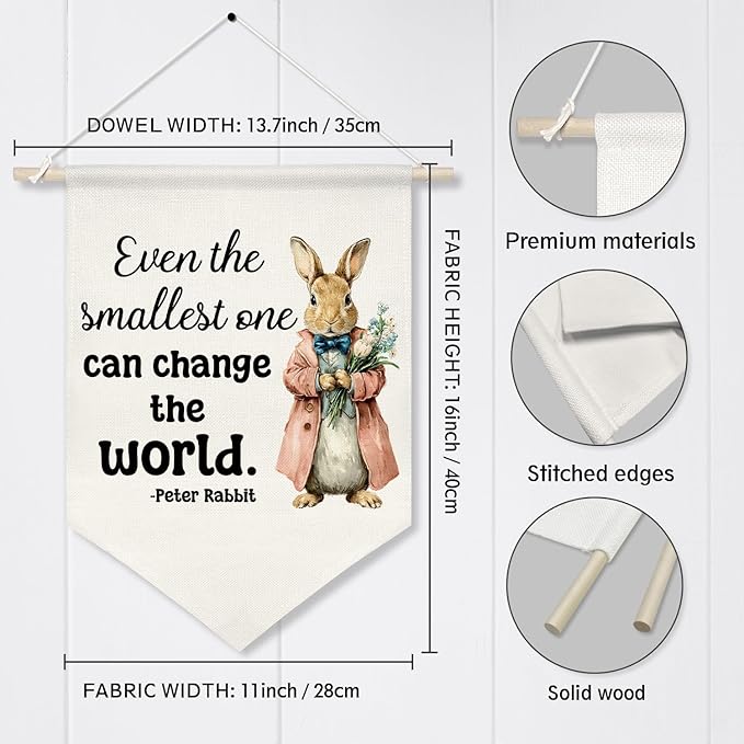 Retro Rabbit Wall Hanging Banner-Even the Smallest One Can Change the World- Canvas Poster,Inspirational Decor for Kids Room,Nursery, Newborn Gift from Parents or Grandparents(KD31)