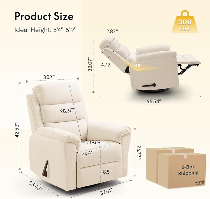 FLEXISPOT XRC6 Nursery Swivel Rocker Recliner with Massage & Heat, Rocking Glider Chair w/ 28" High Back, Comfy Upholstered Armchair for Living Room Nursery, FSC Certified(Premium Chenille, Cream)