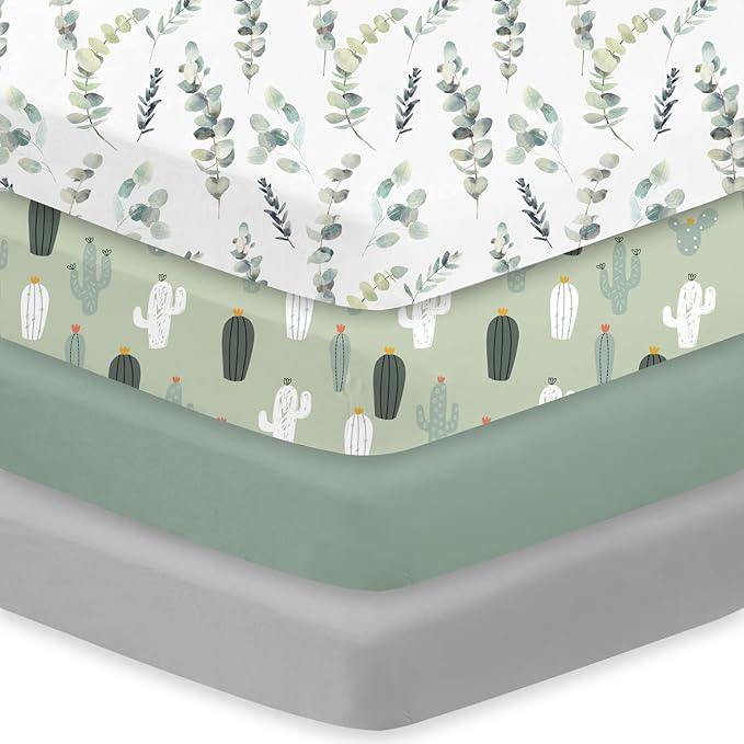 Little Grape Land Crib Sheets 4 Pack, Baby Crib Sheet Set for Standard Crib & Toddler Mattress, Super Soft Breathable Crib Mattress Sheets Fitted Girl & Boy, Leaves/Cactus/Green/Grey Set