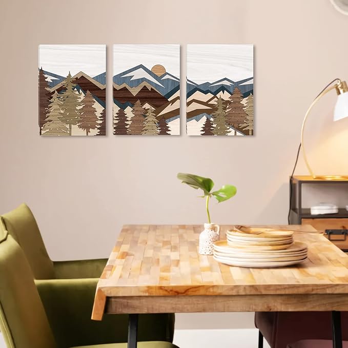 BINCUE Boho Mountain Wall Art Framed Mountains Office Canvas 3 Piece Artwork 12x16 Inch for Living Room Bedroom Décor