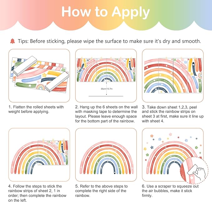 Tanlaby 77" X 47" Large Rainbow Wall Stickers Watercolor Stars Wall Decals Peel and Stick Giant Art Decor for Baby Nursery Girls Bedroom Kids Playroom Daycare Classroom