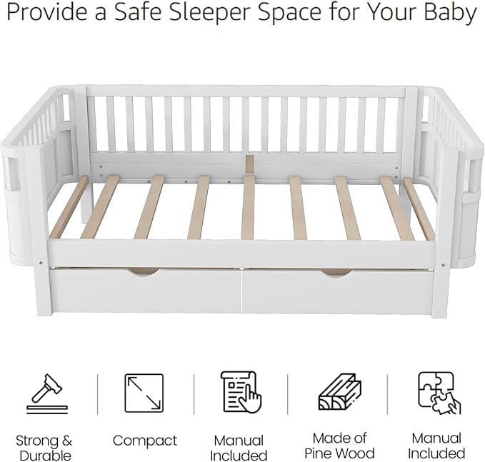 Twin Bed Frame with Rails for Kids, Wood Montessori Bed Twin with 2 Storage Drawers &Slats Support, Modern Daybed with Removable Bed Rails for Girls Boys Bedroom Living Room, White