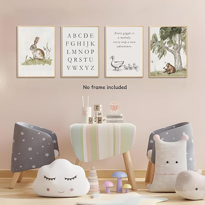 Kousne Nursery Gallery Wall Art Animal Canvas Prints Vintage Rustic Poster Set for Kids’ Room Decor Alphabet Inspirational Quotes Wall Art Neutral Baby Room Painting Unframed12x16 Inches