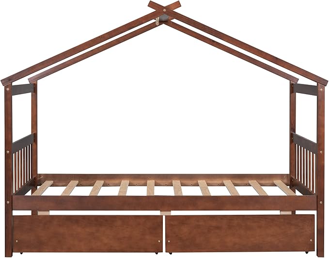 Merax Twin Size Wooden House Bed with Two Drawers, Wood Bed Frame with Roof for Kids, Teens, Boys or Girls, Walnut