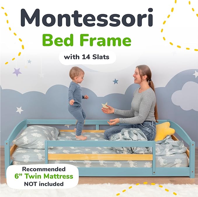 Ocodile Twin Floor Bed with Safety Guardrails for Kids, Montessori Inspired with Rails and 2 Openings, Twin Size Bed Frame for Girls and Boys - Blue
