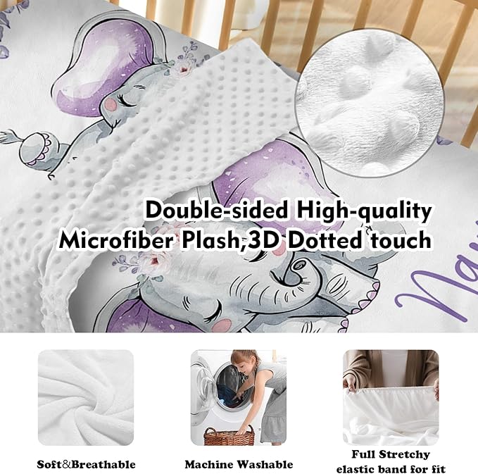 Custom Baby Crib Bedding Set - Light Purple Elephant Design Personalized Name Baby Nursery Bedding 3 Pcs Set - Chic Soft Blanket, Fitted Sheet, Room Rug for Newborns Boys Girls Gifts
