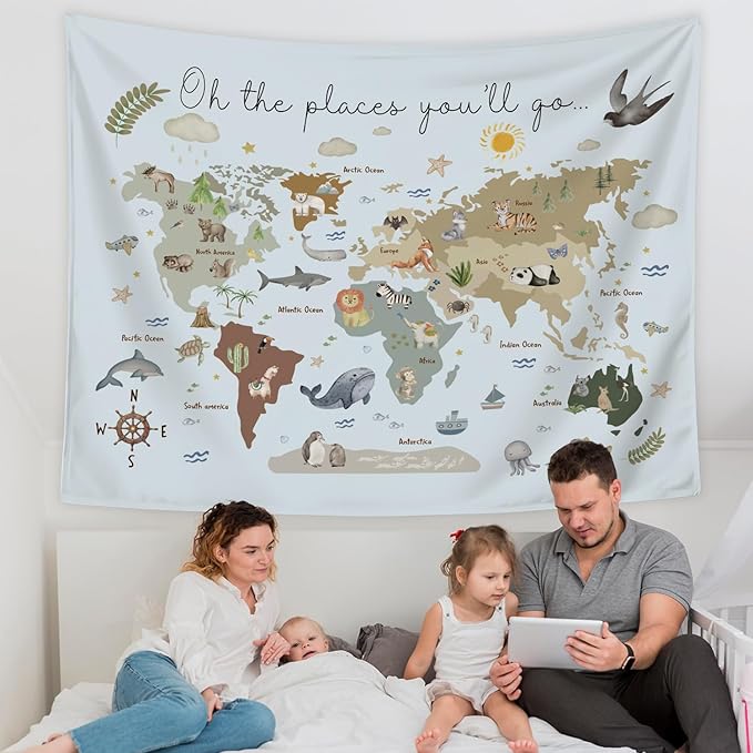 LIANGW World Map Tapestry Wall Hanging for Kids, Animal Continents Wildlife Educational Geography Learning Wall Blanket Decor for Classroom Toddler Kids Room Nursery Playroom, 50x60 Inch