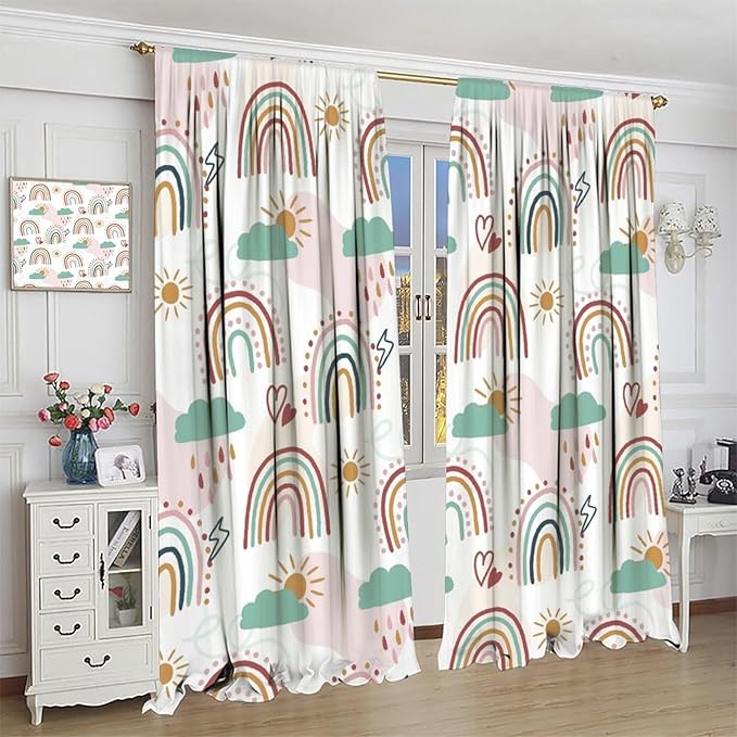 Kids Rainbow Curtains Boho Cartoon Colorful Stars Love Heart Lovely Abstract Art Pattern Print Window Drapes for Girl Bedroom Living Room Kitchen Decor,2 Panel Set,52Wx84H Inch Blackout