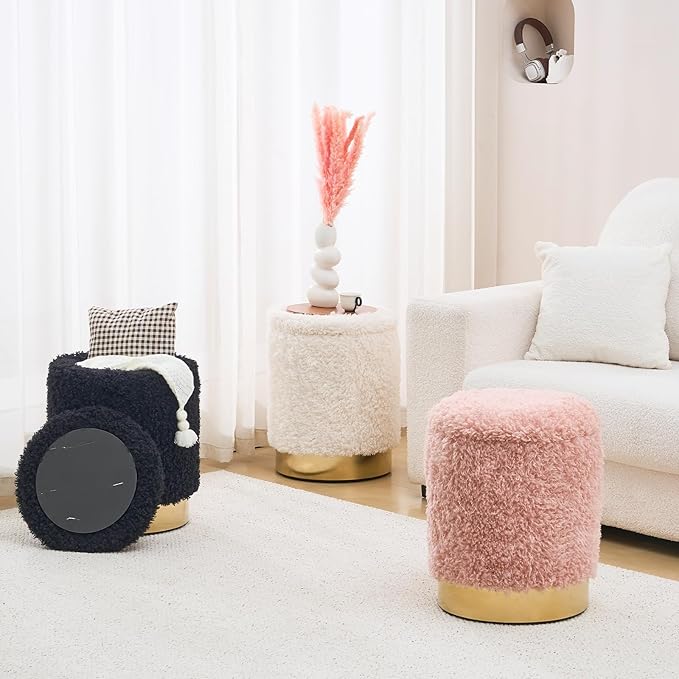 Mxfurhawa Velvet Storage Ottoman Multipurpose Footrest Stool with Metal Base Modern Round Vanity Stool Chair Ottoman Foot Stools Support 300 lbs Padded Seat for Living Room (White)