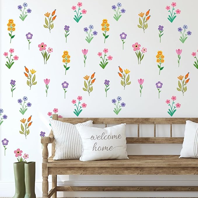 Zonon 6 Pcs Flowers Wall Decals Stickers Vinyl Removable Peel and Stick Colorful Dragonflies Floral Wall Murals Decor for Bedroom Living Room Nursery(Small Flower)