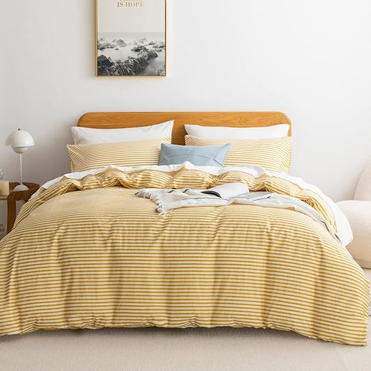 JELLYMONI 100% Natural Cotton 2pcs Striped Duvet Cover Sets, White Duvet Cover with Yellow Stripes Pattern Printed Comforter Cover with Zipper Closure & Corner Ties(Twin Size)
