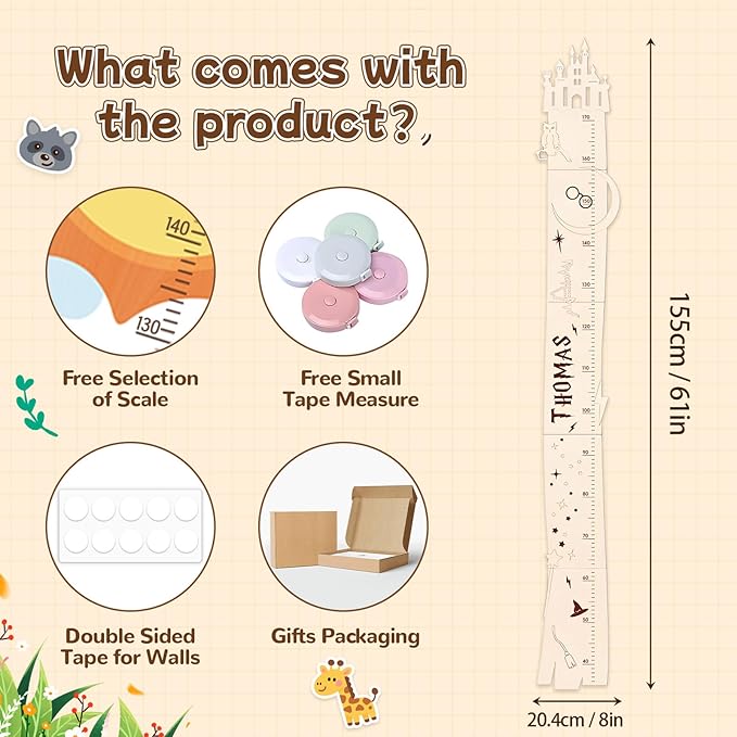 Personalized Growth Chart for Wall, Height Growth for Kids, Wooden Name Ruler for Nursery and Playroom, Baby Shower Gift (Castle)