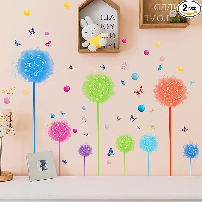 2 Set Dandelion Wildflower Wall Decals Art, Wall Art Stickers Peel and Stick Floral Butterflies Flying Decor for Girls Kids Women Baby Nursery Room Bedroom Bathroom Sofa Backdrop TV(Colorful)