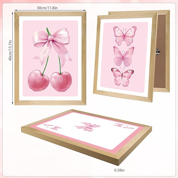 Set of 4 Framed Pink Bow Wall Art Prints Decor,12x16”Coquette Trendy Preppy Wall Decor Cherry Butterfly Canvas Wall Art Prints Framed Nursery Children Artwork Girls Playroom Bedroom Decoration