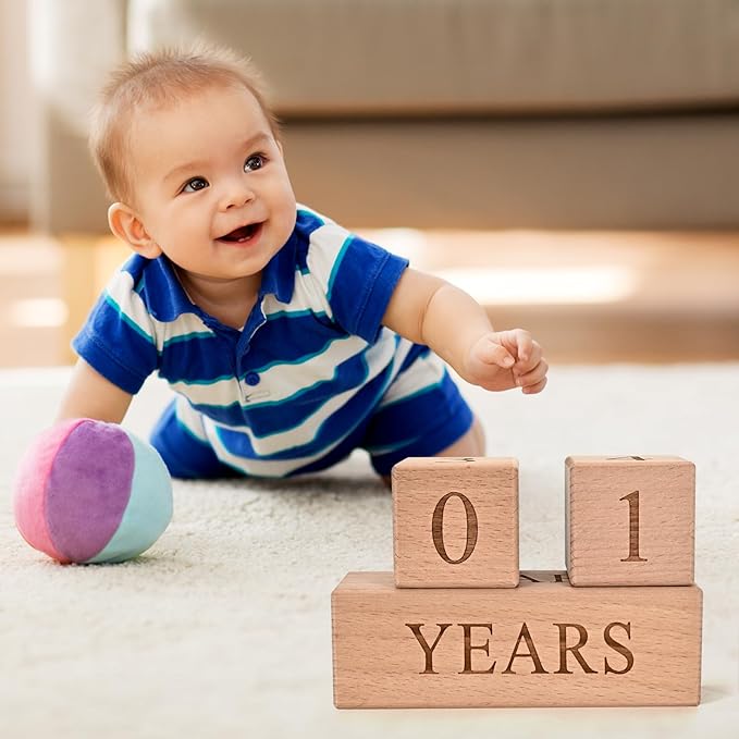 Baby Monthly Milestone Blocks - Handcrafted Wooden Number Blocks for Milestones - Days, Weeks, Months, Years - Ideal for Newborn Photos & First Year Memories