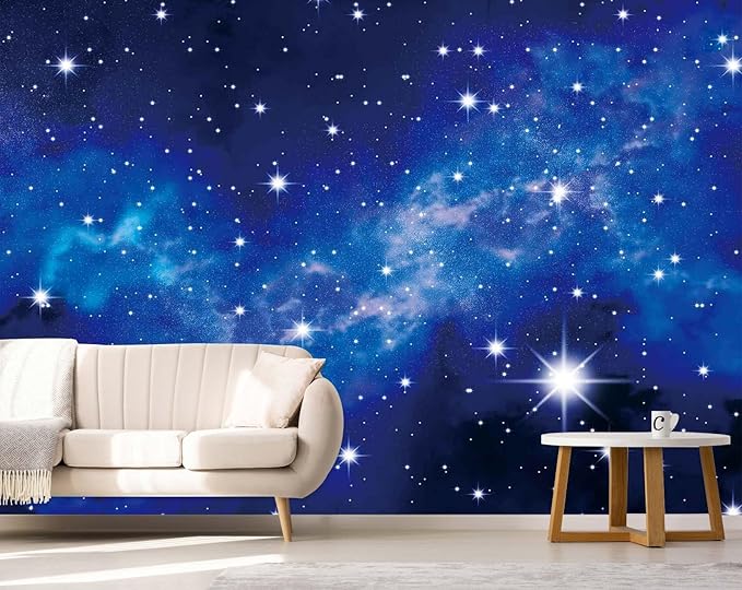 Galaxy Universe Ceiling Wallpaper Blue Starry Sky and Nebula Wall Mural Living Room Bedroom（Not Self-Adhesive）