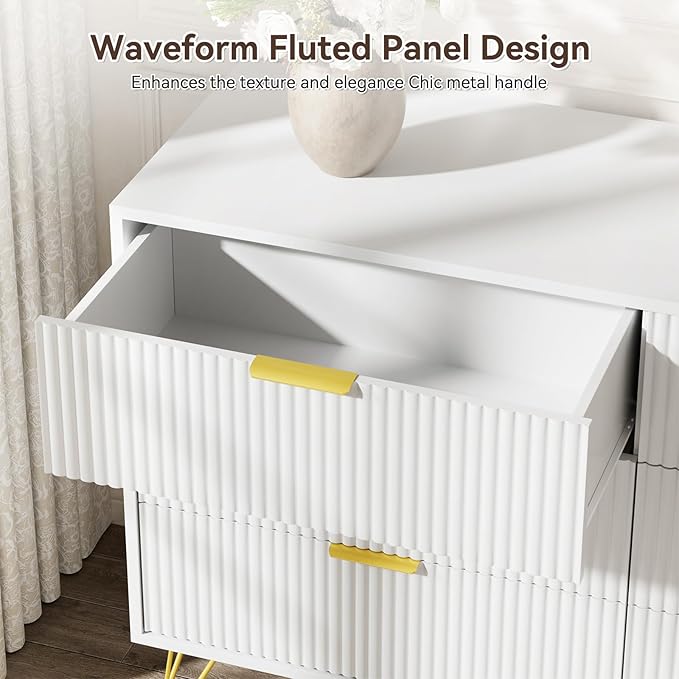 LYNSOM Fluted Dresser for Bedroom, White 6 Drawer Dresser with Gold Handles and Wide Drawers, Wood Chest of Drawers for Bedroom, Hallway