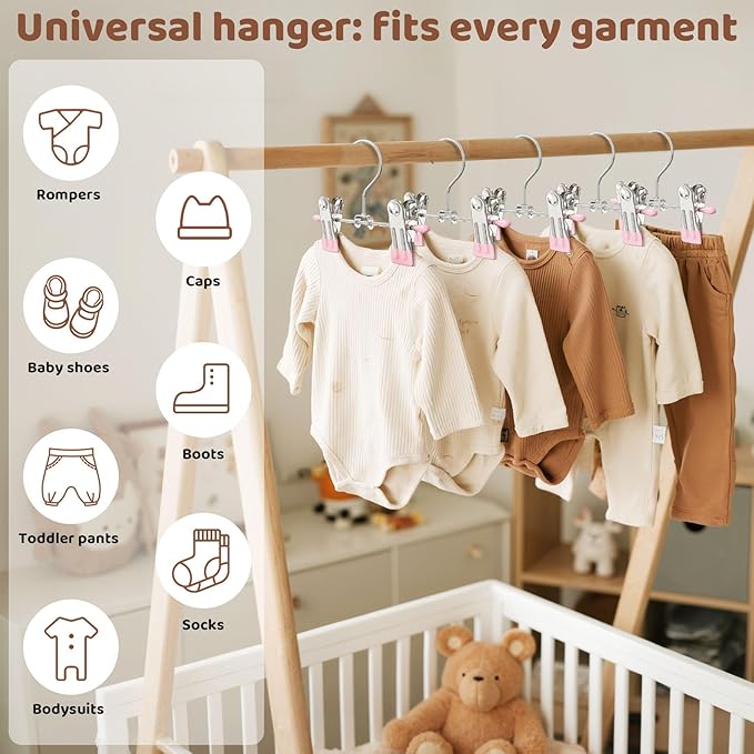 24 Pack Baby Hangers with Clips, 360°Rotatable Toddler Pant Hangers with Clips, Non-Slip Space Saving Kids Hanger for Newborn Children Clothes Skirts Boots Closet Organizers, Pink