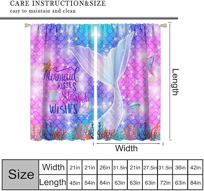 Kids Fantasy Mermaid Curtains Dream Colorful Mermaid Fish Tail Scale Fantasy Ocean Theme Window Treatment for Girls Bedroom Nursery Room Decor Window Drapes 42" W X 45" L