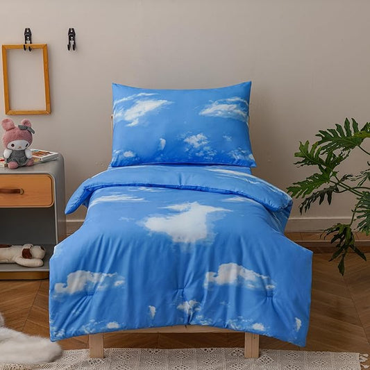KAREVER Cloud Toddler Bedding Set 4 Pieces Crib Bed Set Kids White Blue Sky Theme Comforter Set