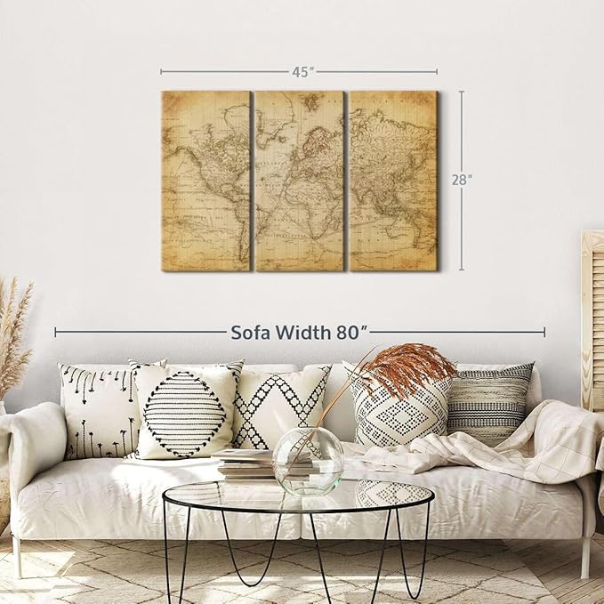 ElephantStock Old Century World Map Wall Art Multi Piece Canvas - 3 Piece Canvas World Map Wall Decor - Ready-to-Hang Print - Vintage Wall Art - 45" X 28"