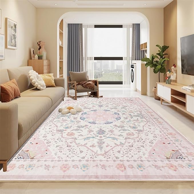 Area Rug - Vintage 3x5 Non-Slip Backing Area Rugs Light Pink Soft Faux Wool Carpet Foldable & Machine Washable Rugs for Living Room Bedroom Dining Room Nursery Home Office