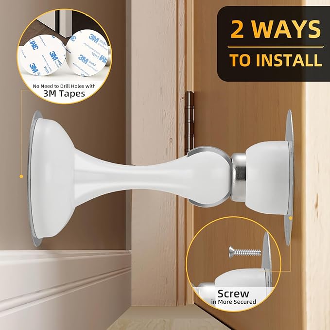 8 Pack Magnetic Door Stop No Drilling Door Stop with 3D Adhesive Tapes Keep Door Open Door Stainless Steel Screws for Stronger Mount (White)