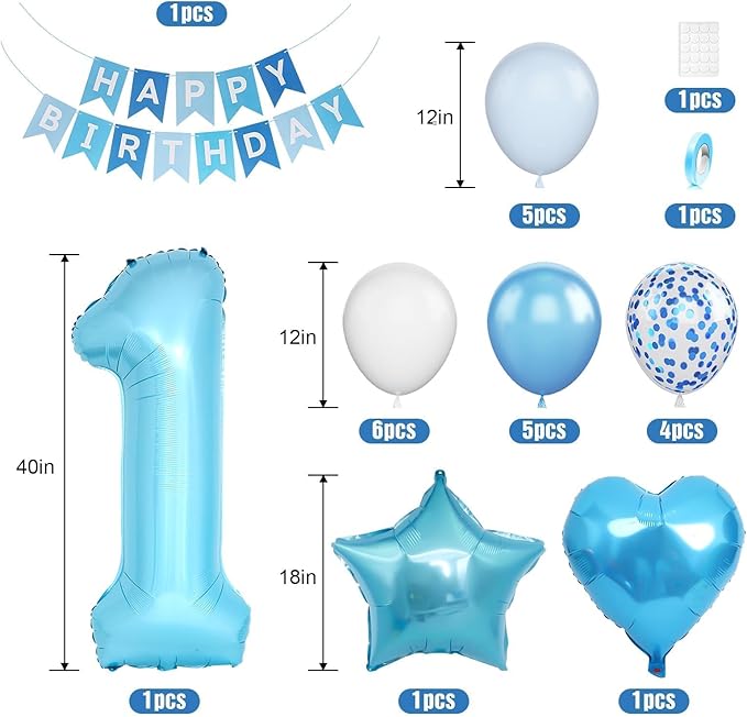 1st Birthday Decoration for Boys, Blue White Confetti 1st Birthday Balloon with 40Inch Number 1 Blue Balloons Star Heart Foil Balloon and Happy Birthday Banner for Baby 1 Year Old Birthday Party Decor