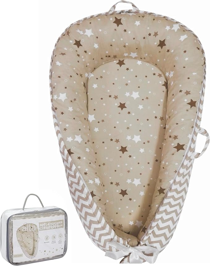 Baby Lounger | Organic Cotton Infant Lounger | Reversible, Adjustable & Portable Floor Lounger | Supervised Use | Soft, Breathable, Washable Cover- Star Collection (Tan)