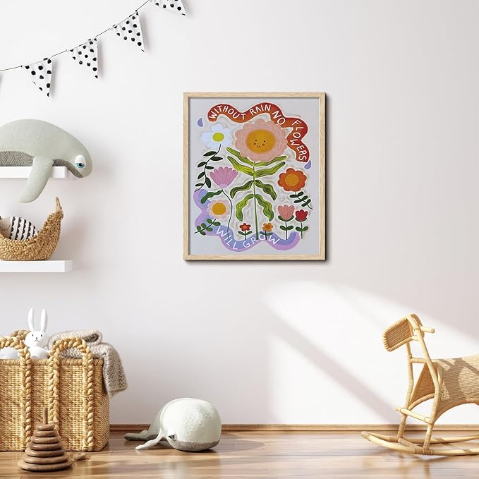KISSFOX Framed Wall Art Nursery Wall Decor Sunflower Pictures Kids Cute Smiling Floral Canvas Art Whimsical Botanical Paintings Colorful Sweet Artwork For Children Boys Girls Room Playroom