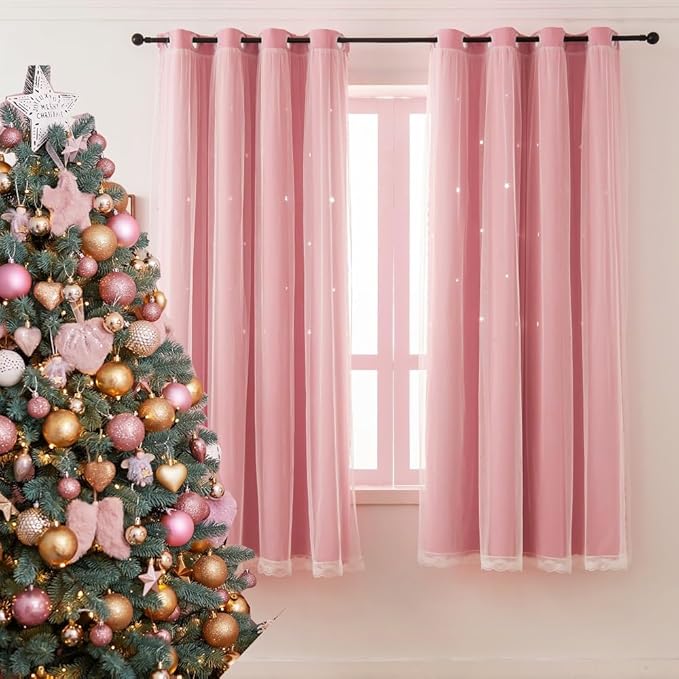 Pink Blackout Curtains for Girls Bedroom Cute- Aesthetic Star Cutout Double Layer with Sheer Overlay, 84 Inches Long, 1 Panel Baby Nursery Curtains Kids Room Decor Drapes