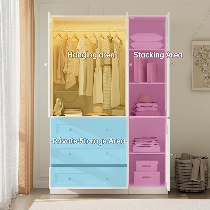 VOWNER 75" Tall Armoire Wardrobe Closet with Drawers and LED Lights, Clothing Storage Cabinet with Glass Doors & Hanging Rod, 4 Doors Wooden Armoire Storage Cabinet for Bedroom(White)