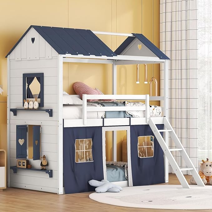 MERITLINE Twin Over Twin Princess Castle Bunk Bed with Tent,Ladders and Guardrail, Solid Wood Playhouse House Floor Bunk Bed with Windows and Roof (Blue & White)