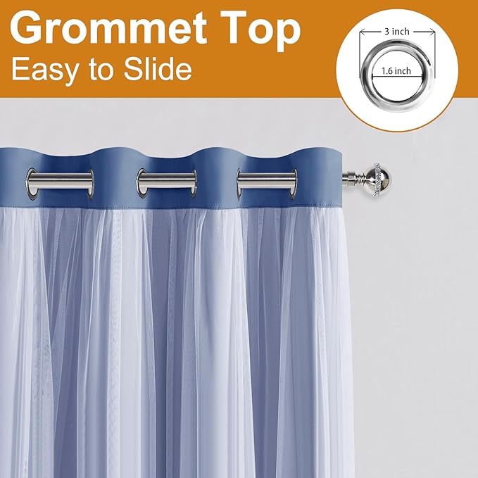 DWCN Blackout Curtains with Sheer Overlay Layered Curtains for Bedroom/Living/Dining Room Grommet Top Window Treatments with Tiebacks, 52 W by 63 L, Hazy Blue, 2 Pieces
