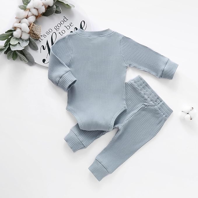 Newborn Baby Boy Girl Clothes Ribbed Knitted Cotton Long Sleeve Romper Long Pants Solid Color Fall Winter Outfits