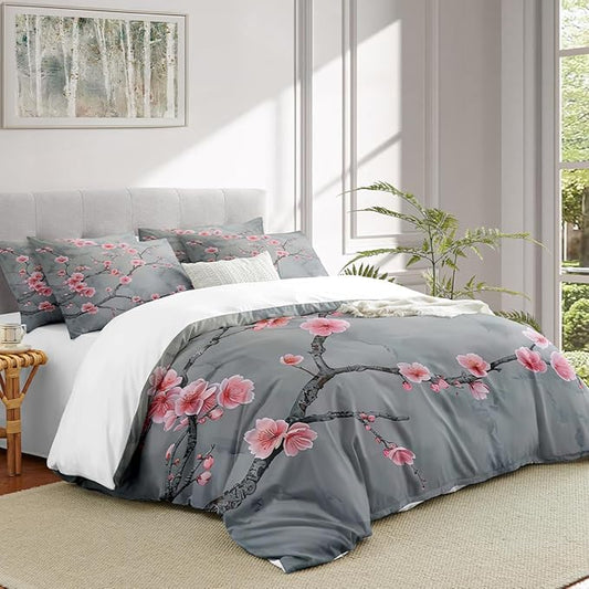 Grey Pink Cherry Blossom Duvet Cover Full Size Japanese Cherry Blossoms Duvet Cover Set Vintage Floral Bedding Set Soft Microfiber Comforter Cover(2 Pillowcases, No Comforter)