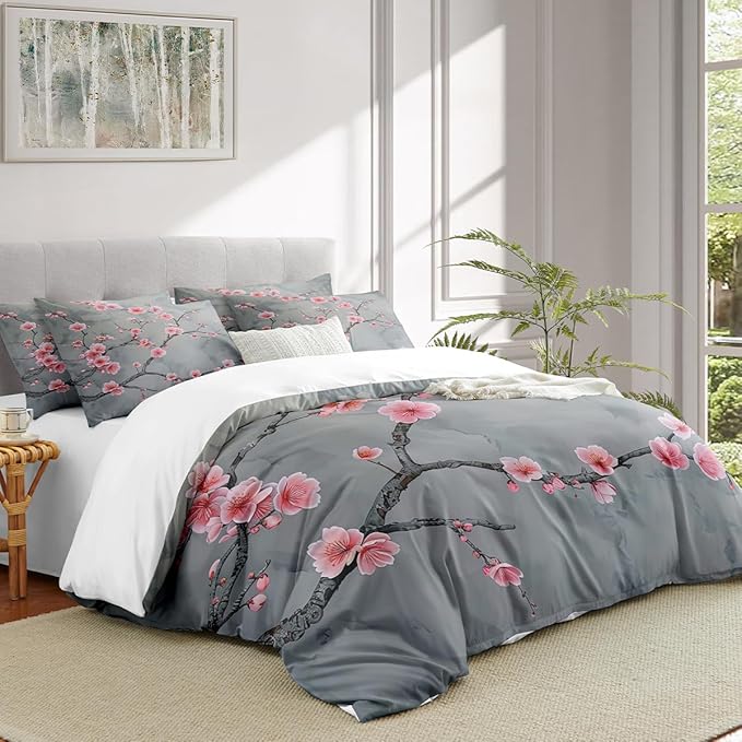 Grey Pink Cherry Blossom Duvet Cover Twin Size Japanese Cherry Blossoms Duvet Cover Set Vintage Floral Bedding Set Soft Microfiber Comforter Cover(1 Pillowcase, No Comforter)