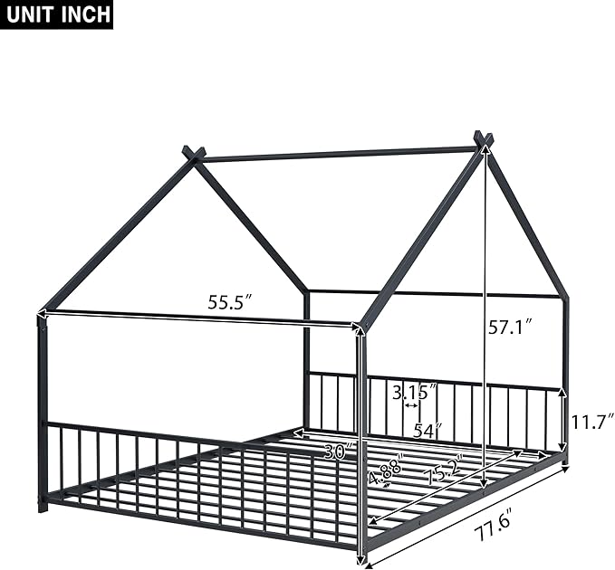 Full Size House Shaped Montessori Platform Beds, Wood Floor Bed Frame with Roof and Fence Deisgn, Kids Double Toddler Bed for Children Boys Girls, Easy Assemble, No Box Spring Needed, Black