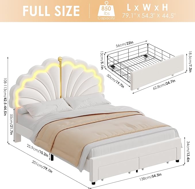 Keyluv Full Princess Bed Frame with Storage Drawers, Soft Velvet Upholstered LED Platform Bed with Adjustable Modern Shell Headboard, No Box Spring Needed, Noise-Free, Beige