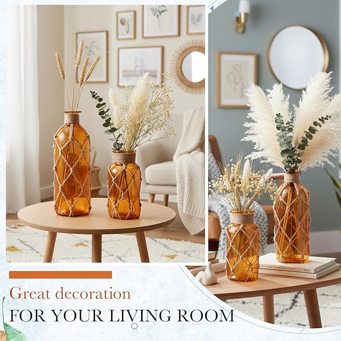 Chuangdi Set of 2 Coastal Glass Vases for Flower Small Flower Vase with Boho Rope Wrapping Beach Decorative Bottle for Coastal Nautical Table Centerpiece Wedding Floral Arrangement Decor(Amber)