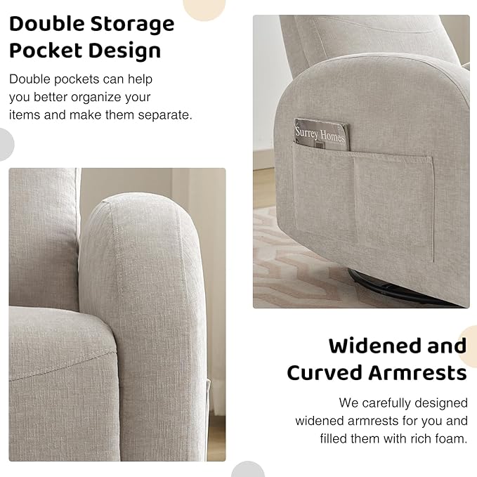 Nursery Swivel Rocker Recliner, Manual Nursering Glider Recliner, Chenille Swivel Rocking Nursery Recliners with Double Pockets for Living Room, Camel