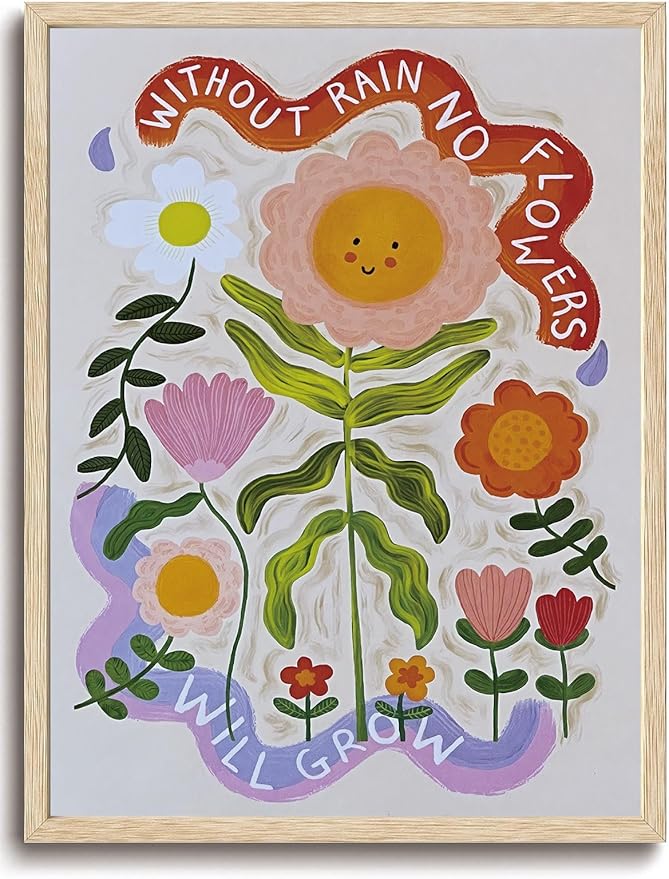 KISSFOX Framed Wall Art Nursery Wall Decor Sunflower Pictures Kids Cute Smiling Floral Canvas Art Whimsical Botanical Paintings Colorful Sweet Artwork For Children Boys Girls Room Playroom