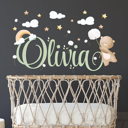 Personalised Teddy Bear Name Wall Stickers – Cute Cartoon Nursery Decals for Kids, Custom Baby Room Decor Removable Vinyl Art for Boys & Girls