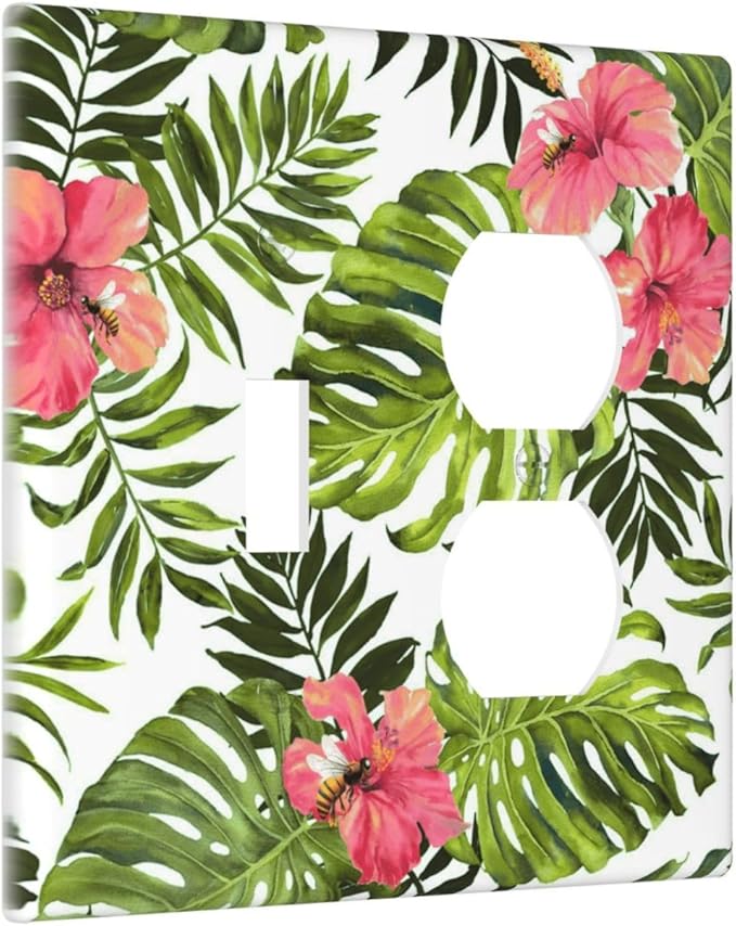 Outlet Covers Tropical Plant Green Palm 2 Gang Combination 1 Toggle/1 Duplex Light Switch Cover Decorative Gfci Wall Plate Electrical Receptacle Switchplate Faceplate for Bathroom Decor