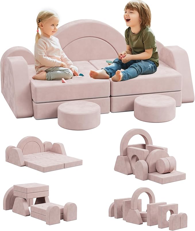 12 PCS Modular Kids Play Block Couch Child Sectional Soft Sofa Toddler Building Fortplay Climbing Bedroom Playroom Baby Convertible Floor Foam Cushion for Boys & Girls (Pink-Double-1)